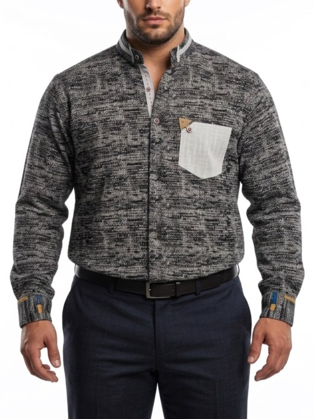 ORO Premium Wear Mens XXL Slim Fit Geometric Knit Nehru Collar Shirt Monochromat